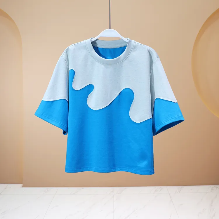 【亮哥女装】2025夏季莱赛尔天丝轻薄透气湖水蓝印花圆领T恤6309A