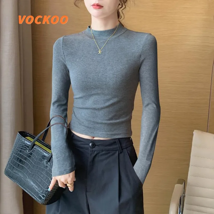 VOCKOO灰色短款半高领打底衫女内搭春秋2025新款修身洋气高腰露脐