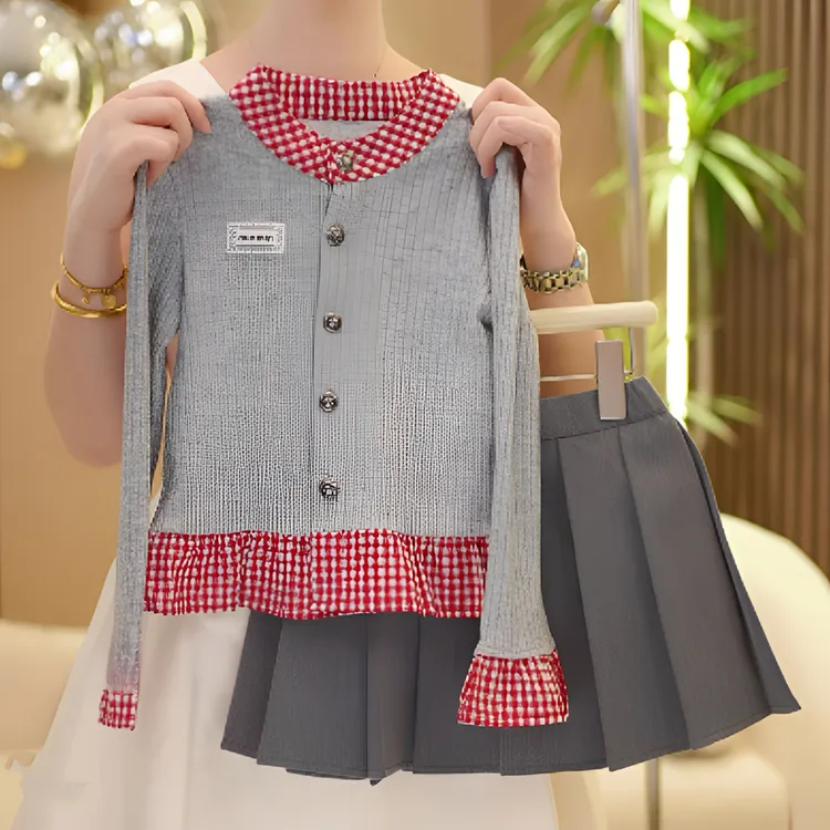 女童假两件T恤衫百褶裙套装春秋2025新款学院风格子拼接打底衫潮