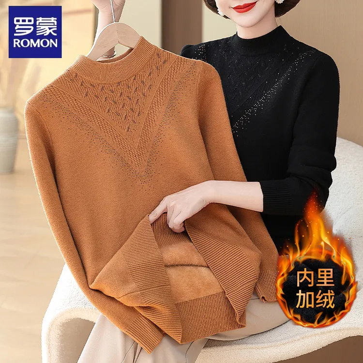 罗蒙妈妈冬装加绒加厚毛衣内搭上衣中老年女半高领打底衫2025新款
