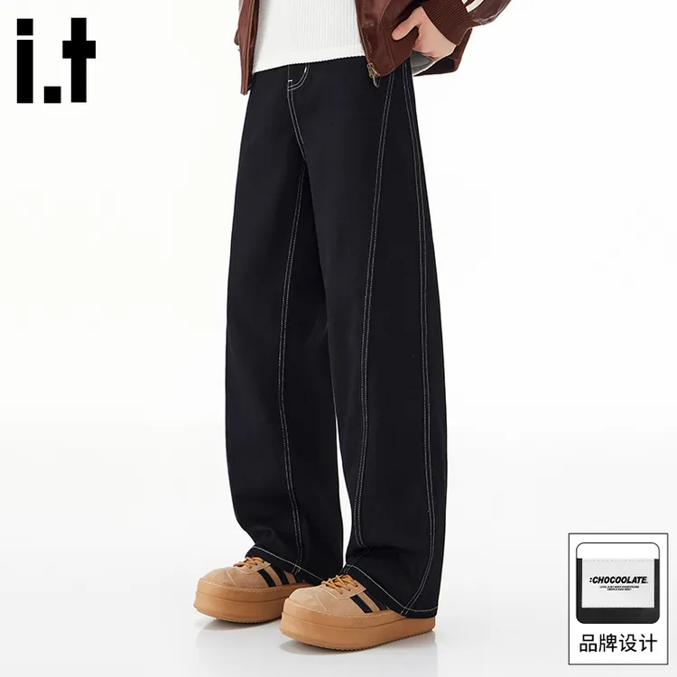 it: CHOCOOLATE美式拼接水洗牛仔裤男2025春秋季宽松直筒阔腿长裤