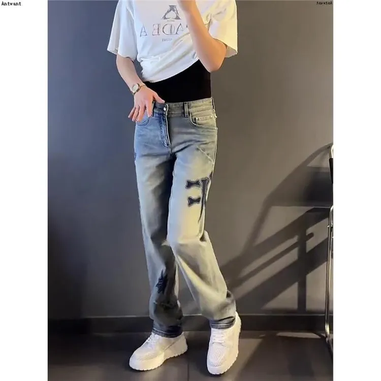 百搭潮新款轻奢大码时尚男装男士牛仔裤显瘦阔潮牌腿高品质长裤子