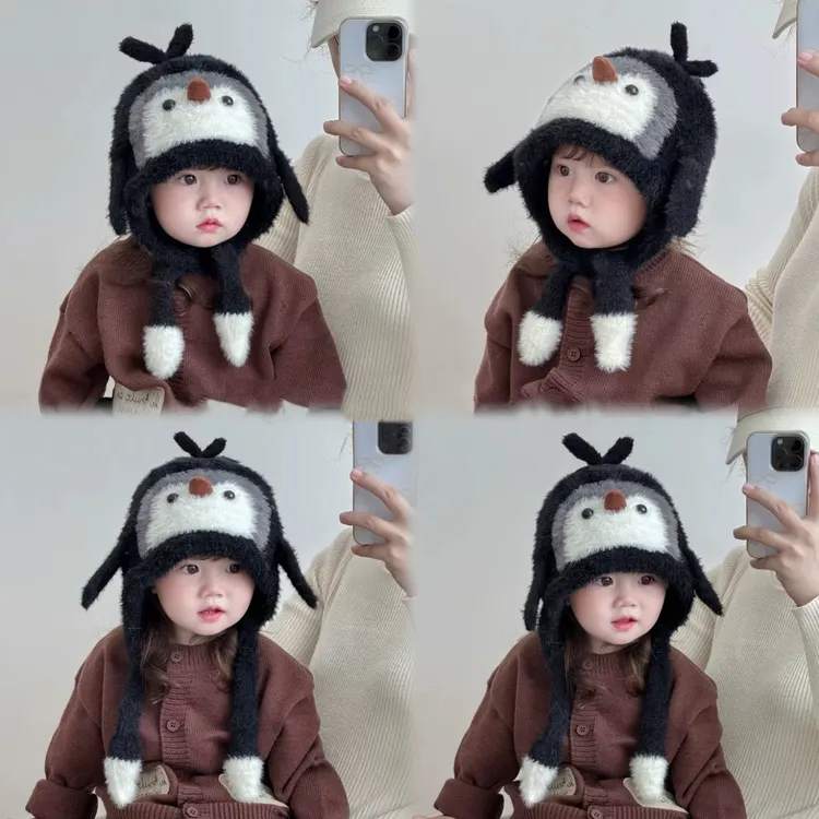儿童帽子秋冬可爱企鹅男女童毛绒帽加厚宝宝保暖加绒护耳帽冬天潮