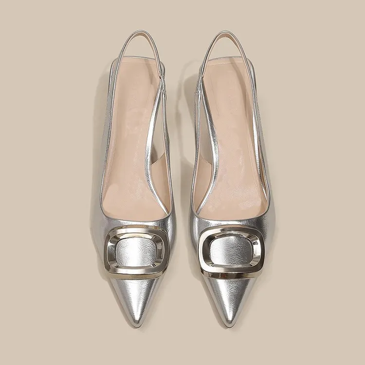 银色包头半拖鞋女夏外穿2025时尚金属扣高跟鞋女细跟尖头凉拖鞋