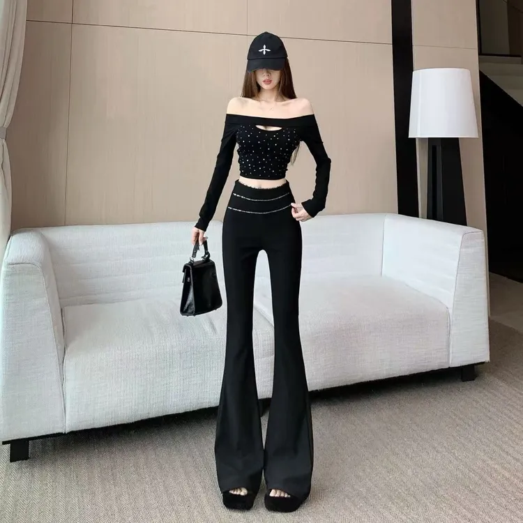 加绒设计感微喇叭裤女秋季重工亮片高腰显瘦修身垂感拖地西装裤潮