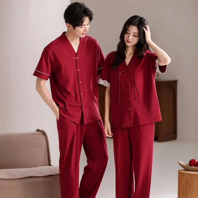 结婚夏季情侣睡衣红色短袖纯棉V领套装中国风【两套情侣装】家居服