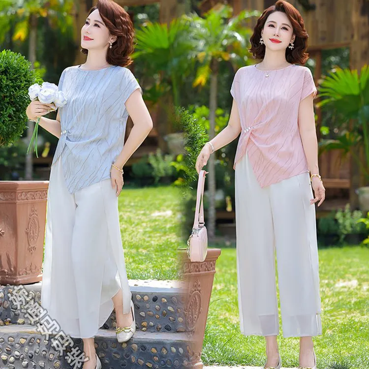 2025夏季新款套装中老年女上衣小衫时尚宽松九分裤减龄洋气两件套