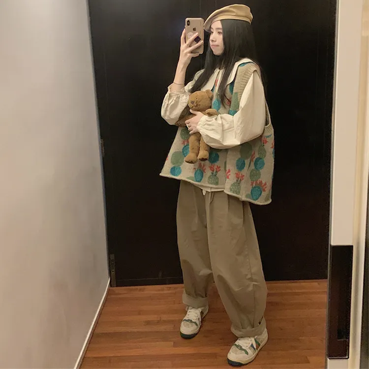 大码女装早春时尚套装云朵领衬衫+针织马甲+百搭肥腿裤显瘦三件套