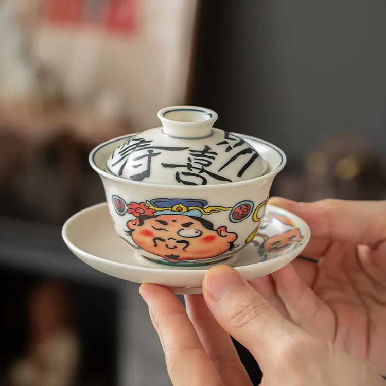 国潮醒狮旋转悬停三才盖碗茶杯德化猪油白瓷高端泡茶盖碗茶具套装