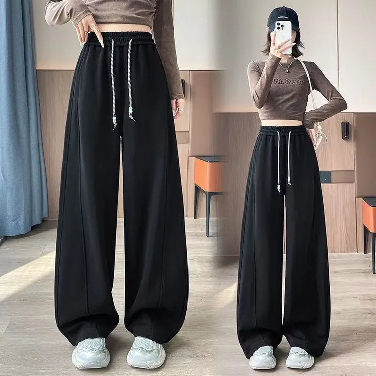 秋冬新款高腰百搭休闲裤女2025加绒大码美式宽松显瘦弯刀运动卫裤