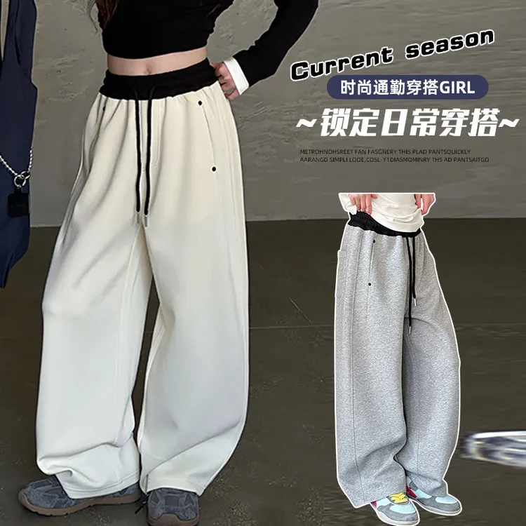 女童秋装韩系高品质裤子撞色口袋黑扣子休闲裤女孩中大儿童直筒裤