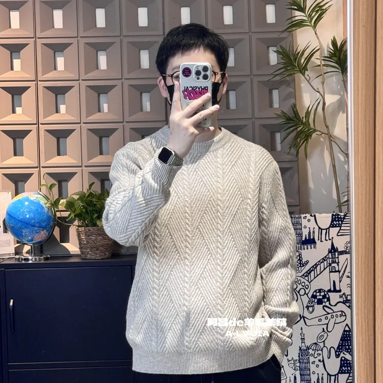 AL丨全毛系列-阿兰花绞花斜线提花加厚款时尚男士圆领休闲毛衣