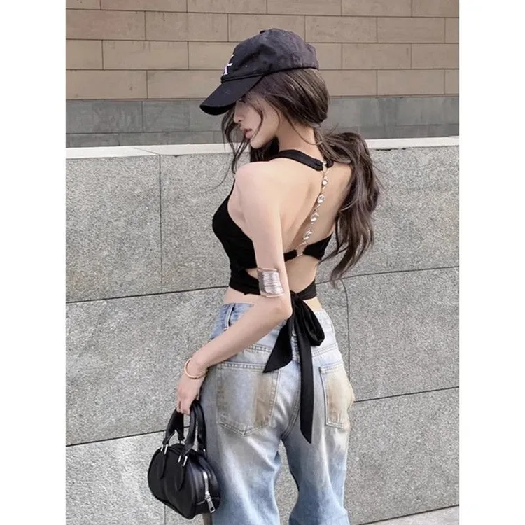 黑色美背短款挂脖吊带背心女夏季绑带镂空露背热辣妹性感上衣外穿