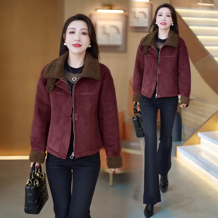 时尚洋气短款麂皮绒外套女2025冬季新款宽松显瘦小个子羊羔毛夹克
