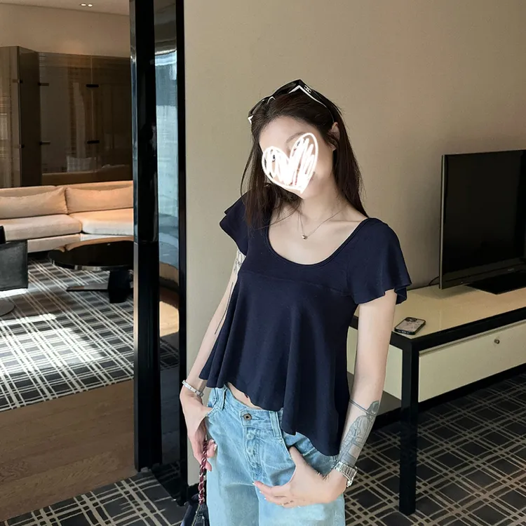 纯欲甜美风U领不对称短袖T恤2025年夏季新款小设计波浪下摆女上衣