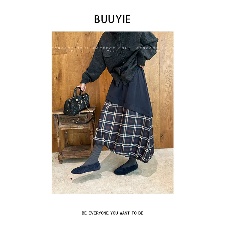 BUUYIE【蝶雯】秋冬羊毛年货时尚复古高级感休闲格子半身裙251381