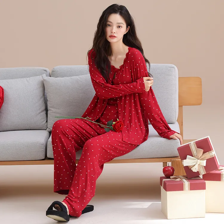 2025新款带胸垫吊带睡衣女春秋季三件套性感开衫长袖外套家居服女