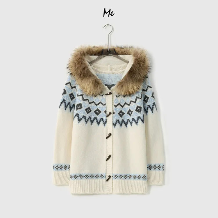 ME【100%绵羊毛冰雪世界】貉子毛领费尔岛提花保暖针织毛衣MESA4418