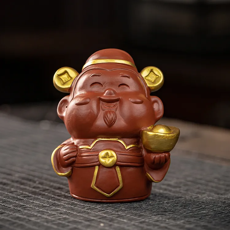紫砂红泥手工财神爷陶瓷高级茶宠摆件精品高档家用桌面小摆件饰品