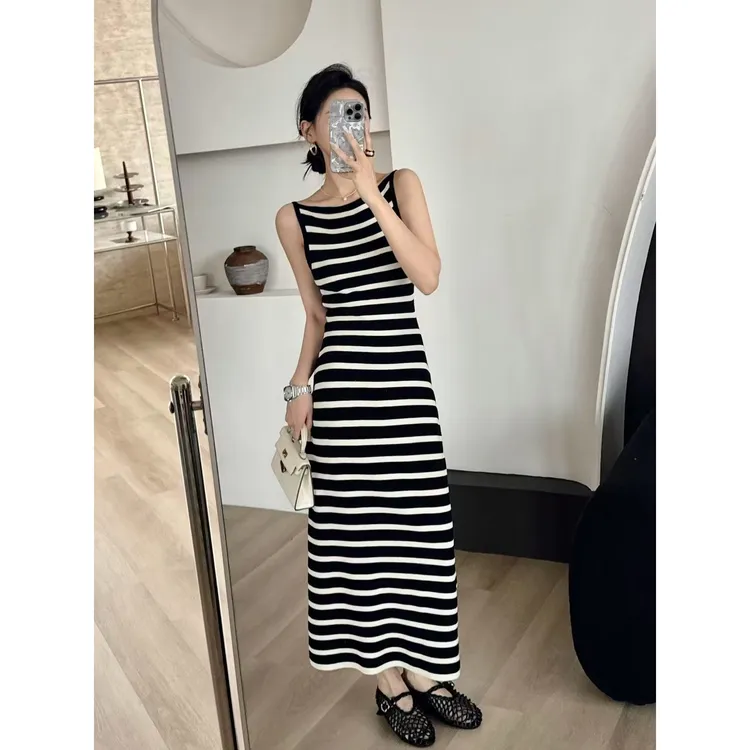 SP【气质模范生】条纹针织连衣裙女新款夏季显瘦遮胯长裙两面穿吊带