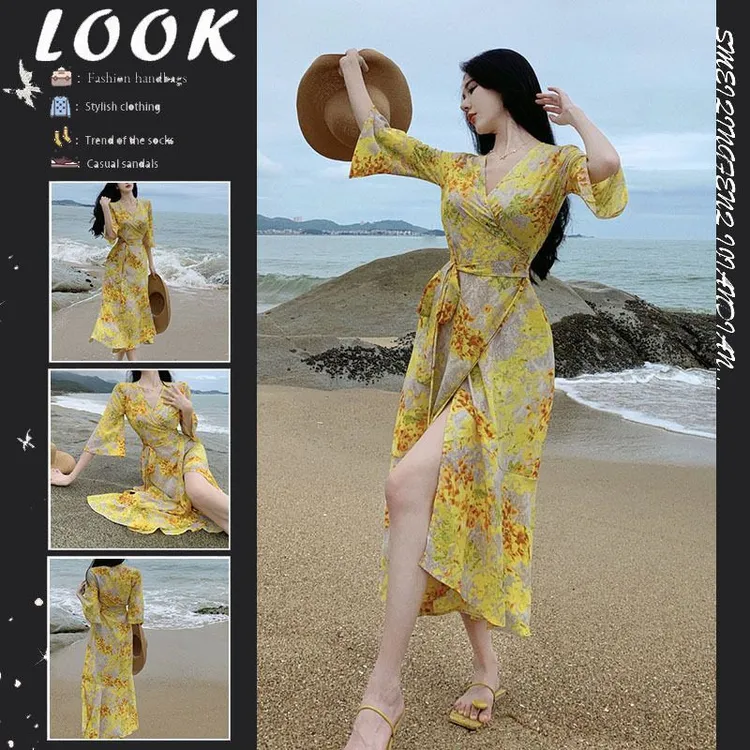 黄色法式战袍裙海边度假连衣裙子女夏季高级感网红气质碎花沙滩
