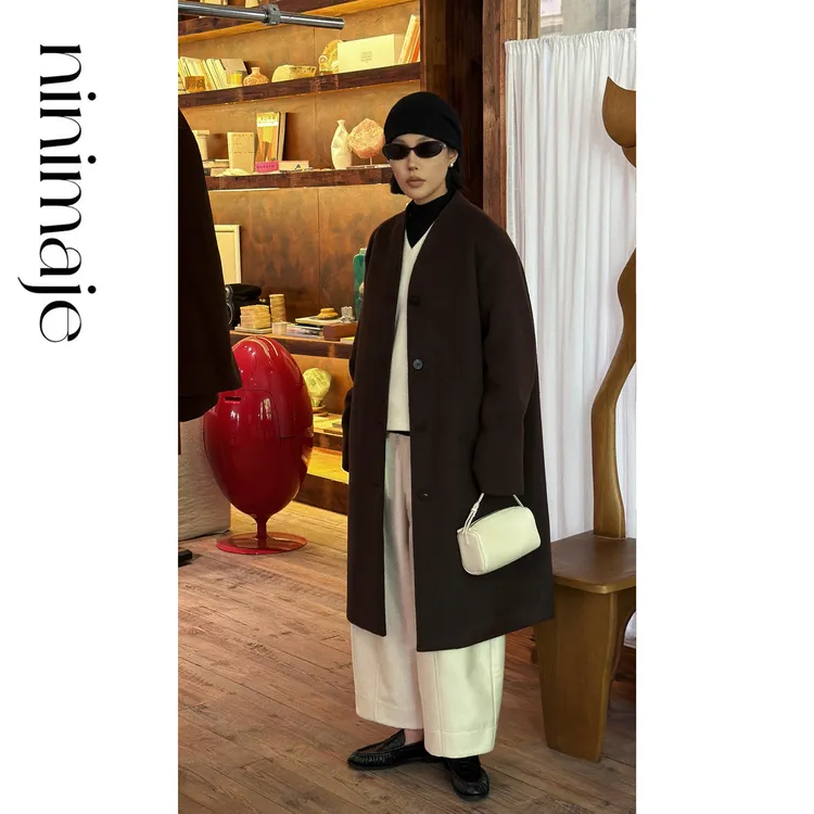 NanBeiBei 复古深咖无领羊毛呢大衣 8173