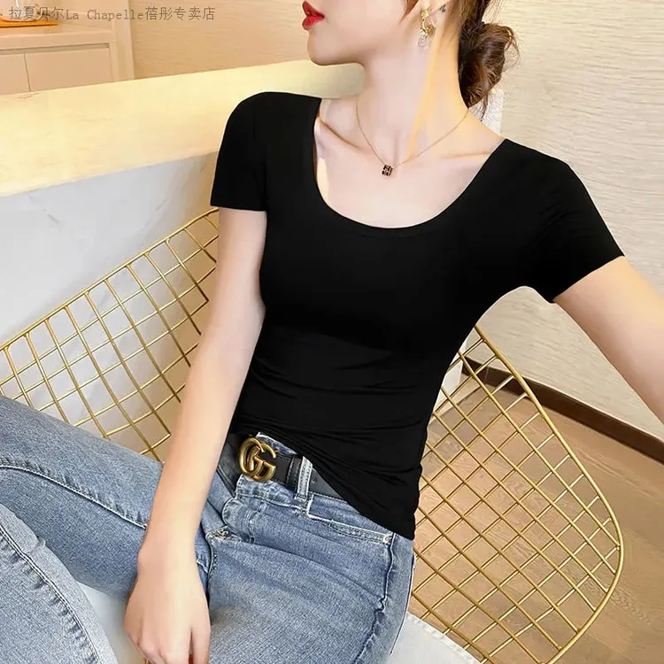 拉夏贝尔爆款牛油果绿短袖 T 恤女款U领修身低领紧身上衣夏日
