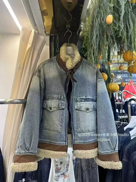 韩系超好看复古牛仔外套加绒加厚拼接棉服短外套