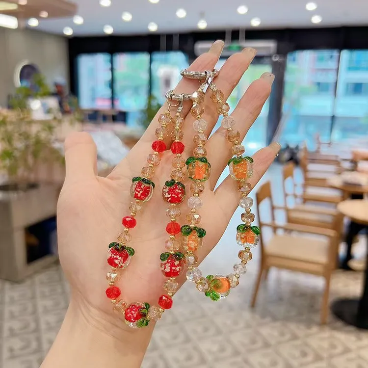 柿子水晶手机链ins女精致高级感手作串珠挂件饰品手腕短款户外绳