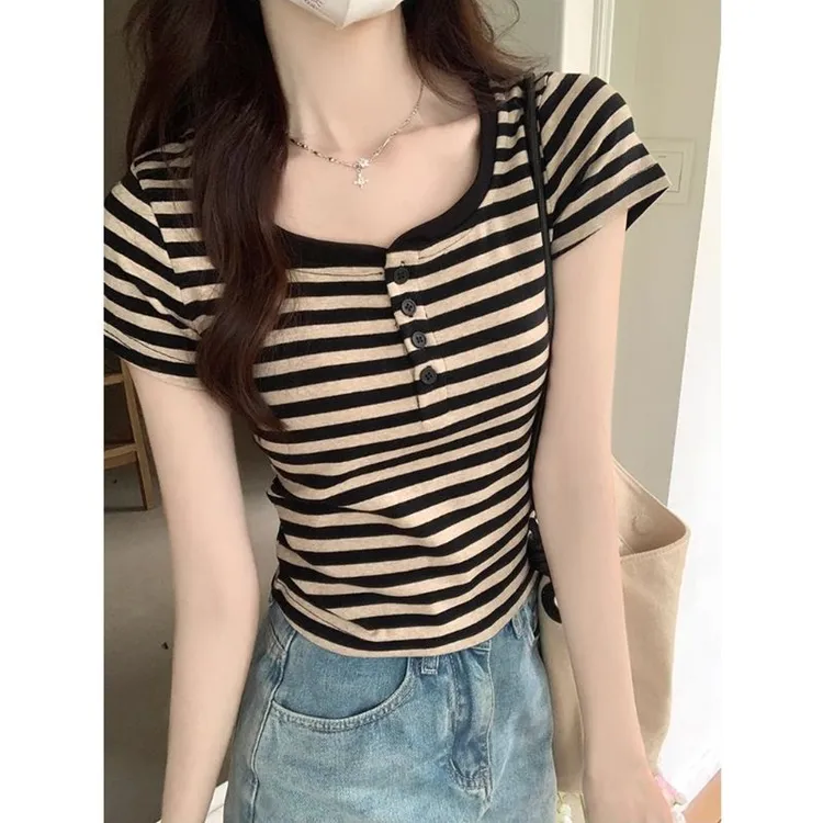 正肩条纹短袖t恤女夏季新款半开领修身显瘦小个子短上衣YW8387