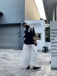 루루가−（气球裤）韩国东大门简约松紧高腰阔腿休闲裤假日宽松显瘦长裤