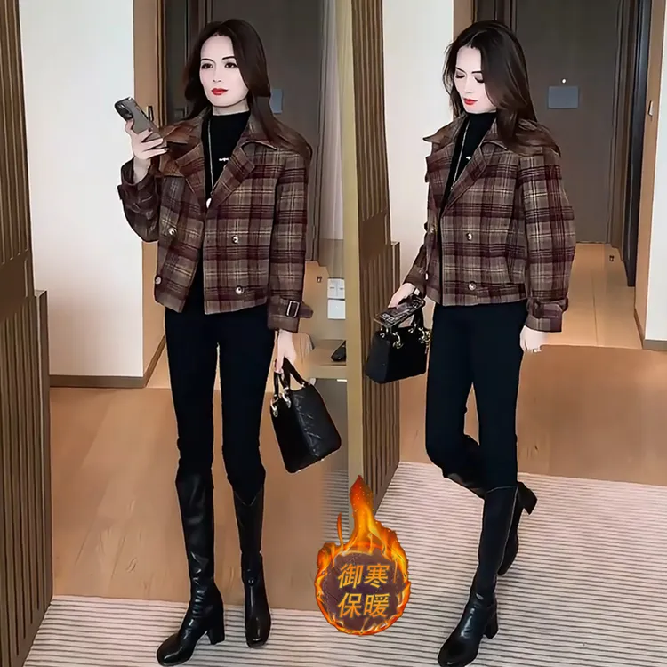 格子毛呢外套女2025秋冬新款时髦洋气小个子短款夹棉加厚呢子大衣