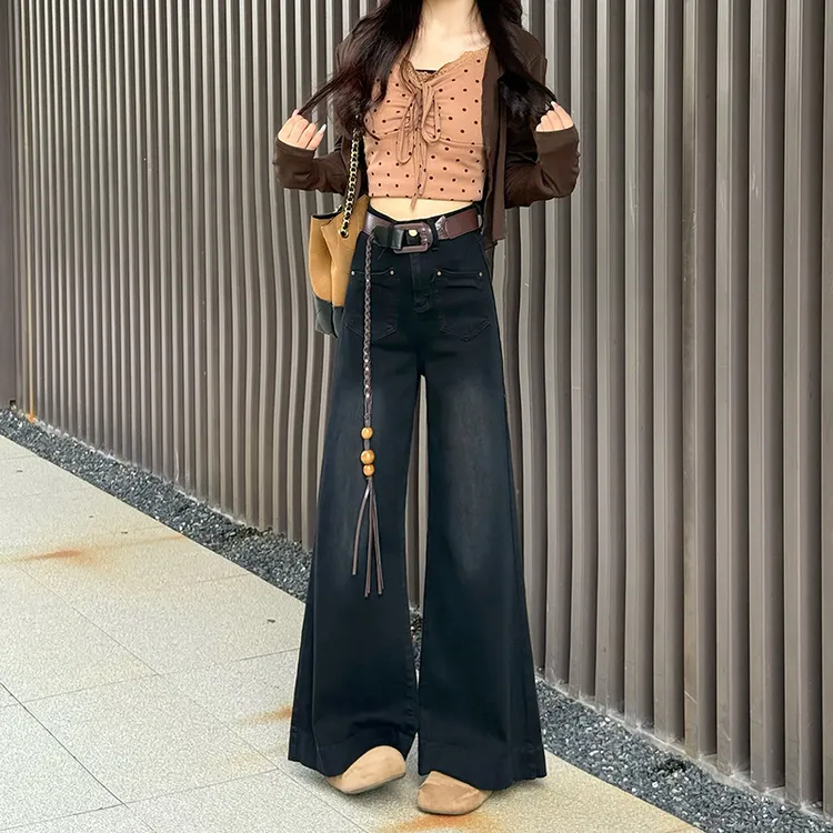 黑色阔腿小个子牛仔裤女2025春秋新款时髦气质辣妹喇叭直筒子
