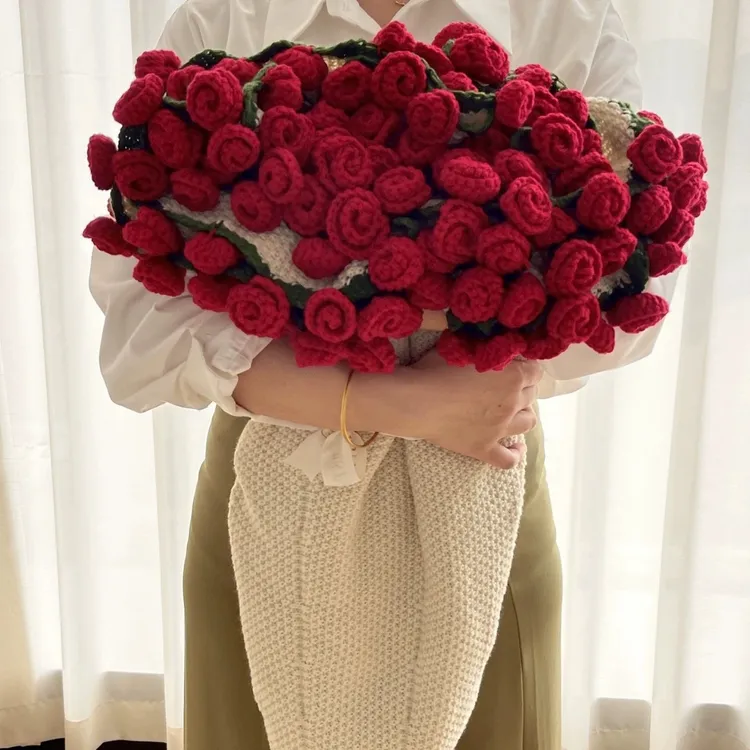 2025新款玫瑰花束针织毯四季通用午睡沙发盖毯手工毛线成品毯