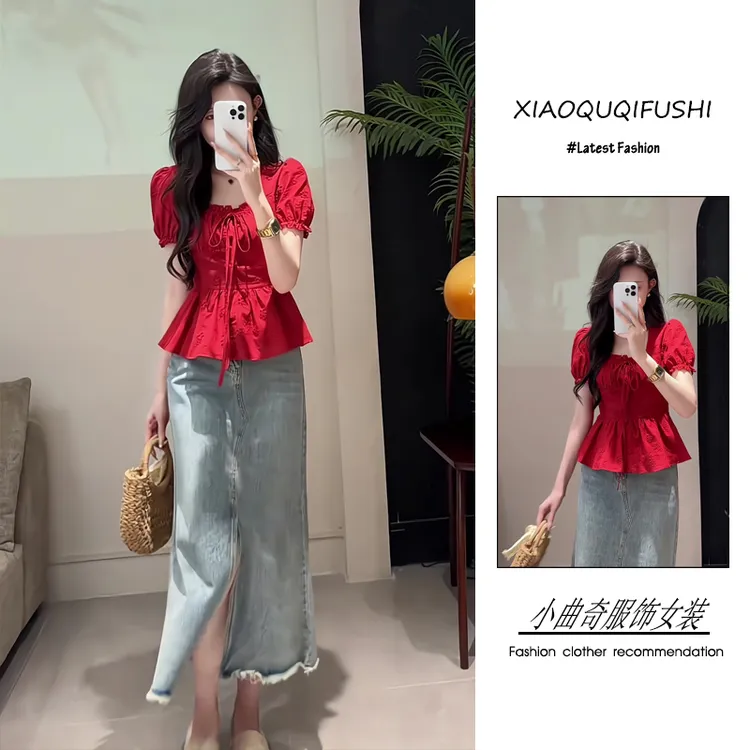 女装夏装套装2025新款爆款优雅法式泡泡袖上衣开叉牛仔长裙两件套