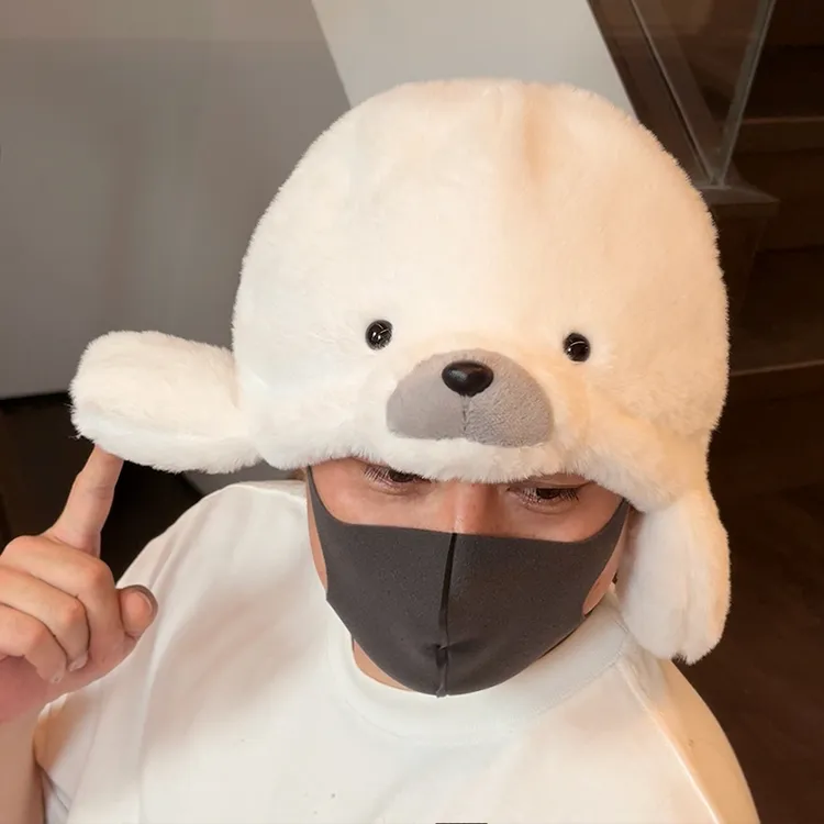  成龙同款海豹毛绒帽子可爱搞怪卡通小海豹头套拍照表演装扮道具