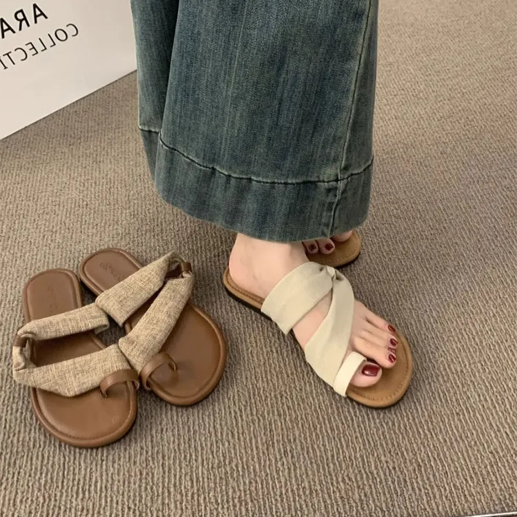 两穿法亚麻一字带套趾凉鞋女夏季度假风休闲沙滩罗马鞋子外穿拖鞋