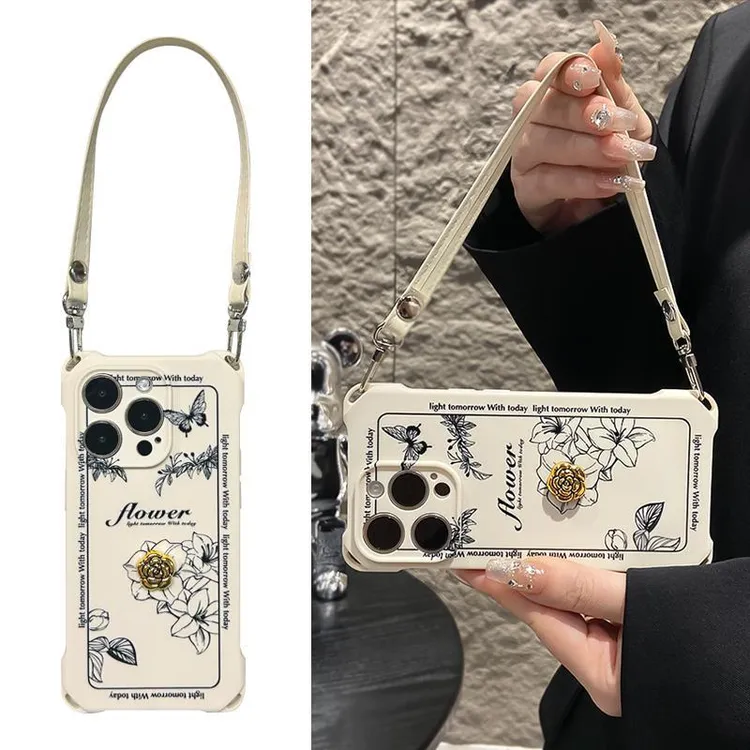 复古线条百合适用于苹果15promax手机壳四角挂绳iPhone12/13/14