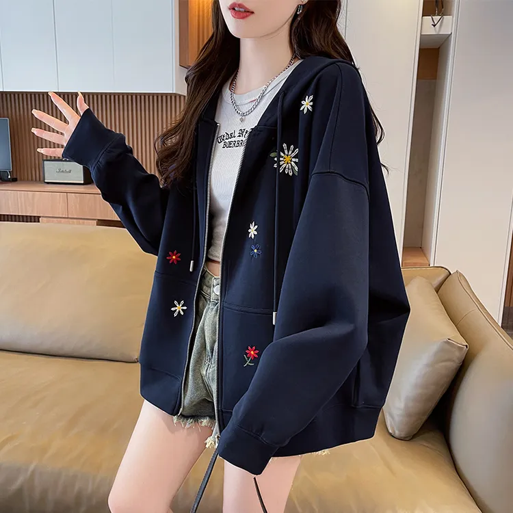 重工花朵刺绣连帽卫衣女2025新款春秋季韩版宽松薄款百搭开衫外套