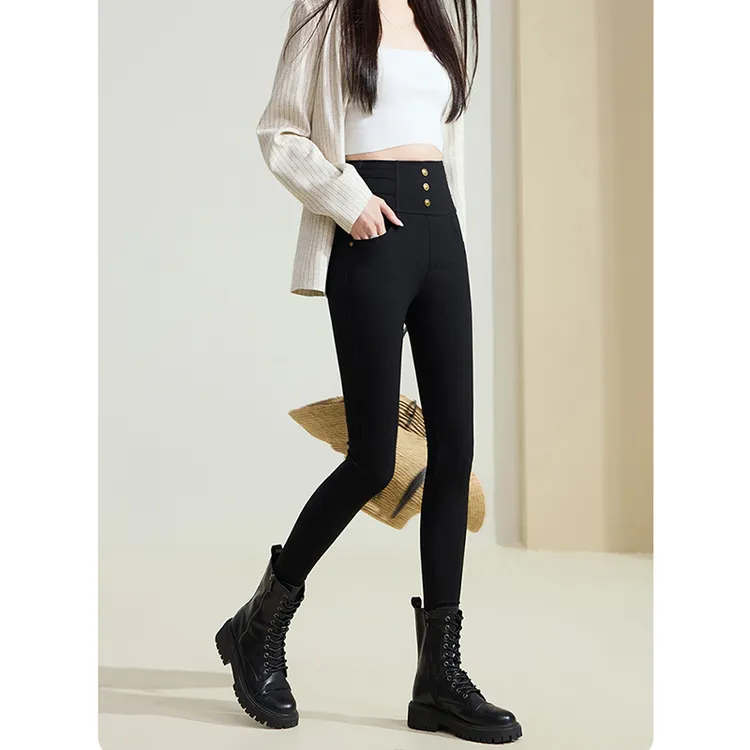 TJ070专1享大码微胖秋冬加绒休闲裤修身显瘦微喇裤黑色高腰喇叭裤