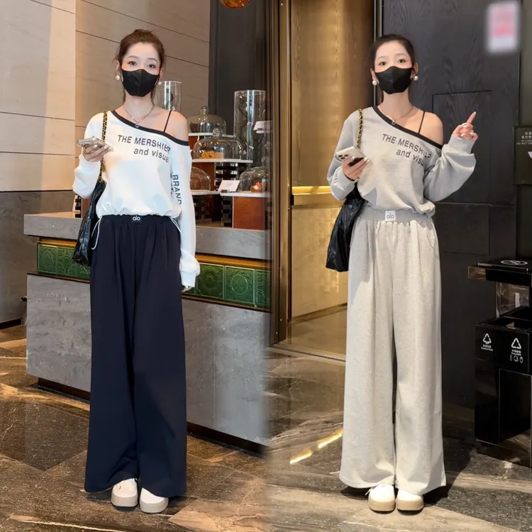  早秋字母印花显瘦露肩卫衣+时尚高腰休闲裤女宽松阔腿拖地裤套装