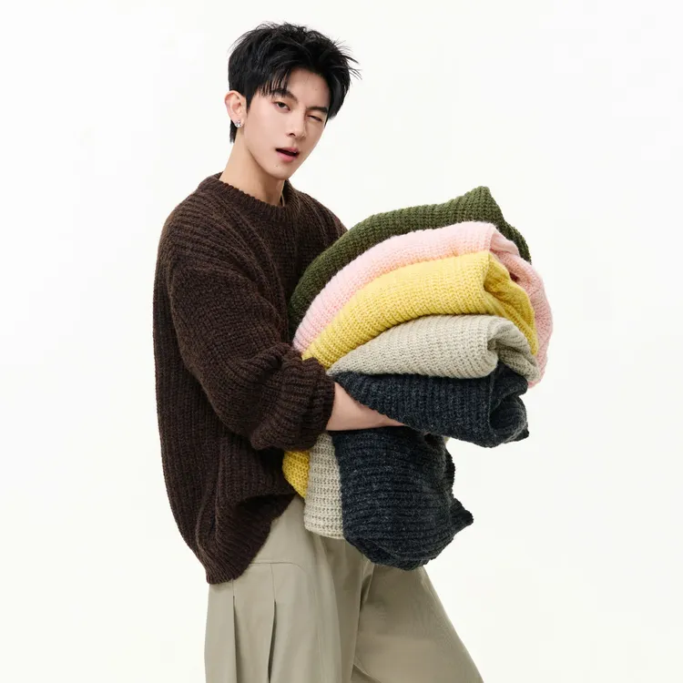 cleanfit美拉德棕色毛衣男秋冬老钱风圆领套头针织衫休闲重磅外套