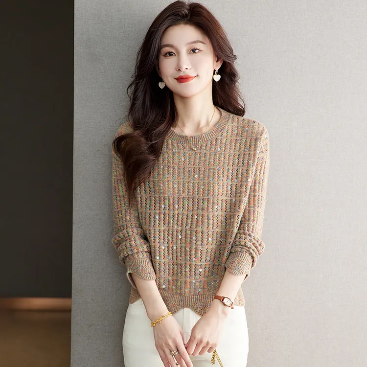 哥弟阿玛施正品秋季新款镂空不规则花纱圆领针织衫女休闲洋气上衣
