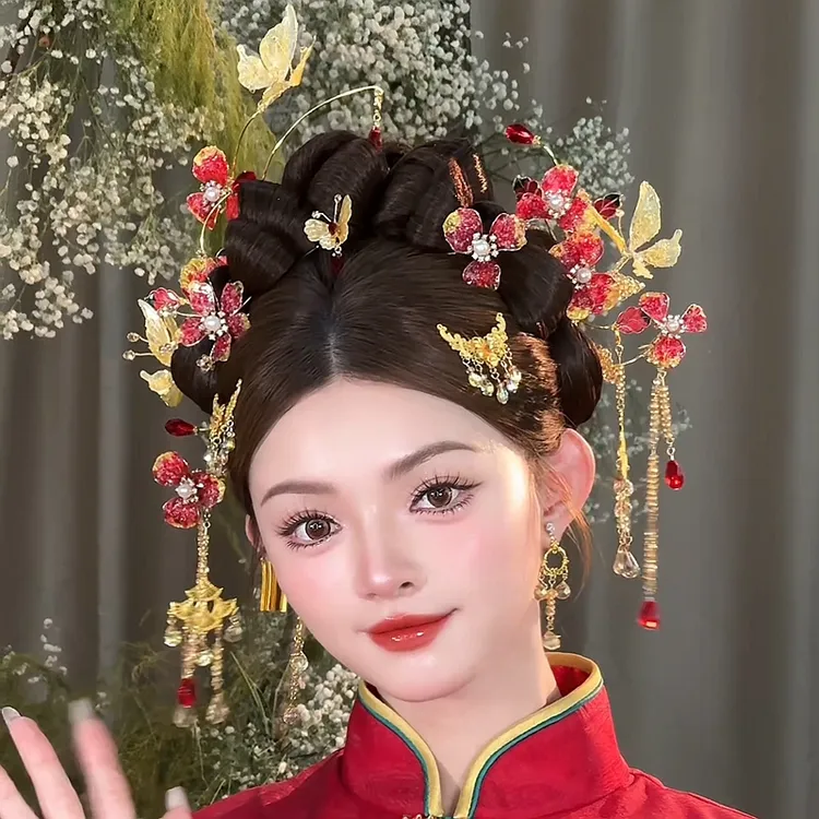 水舞U2172中式婚礼手工造液花蝴蝶汉服头饰复古新娘秀禾古装发饰