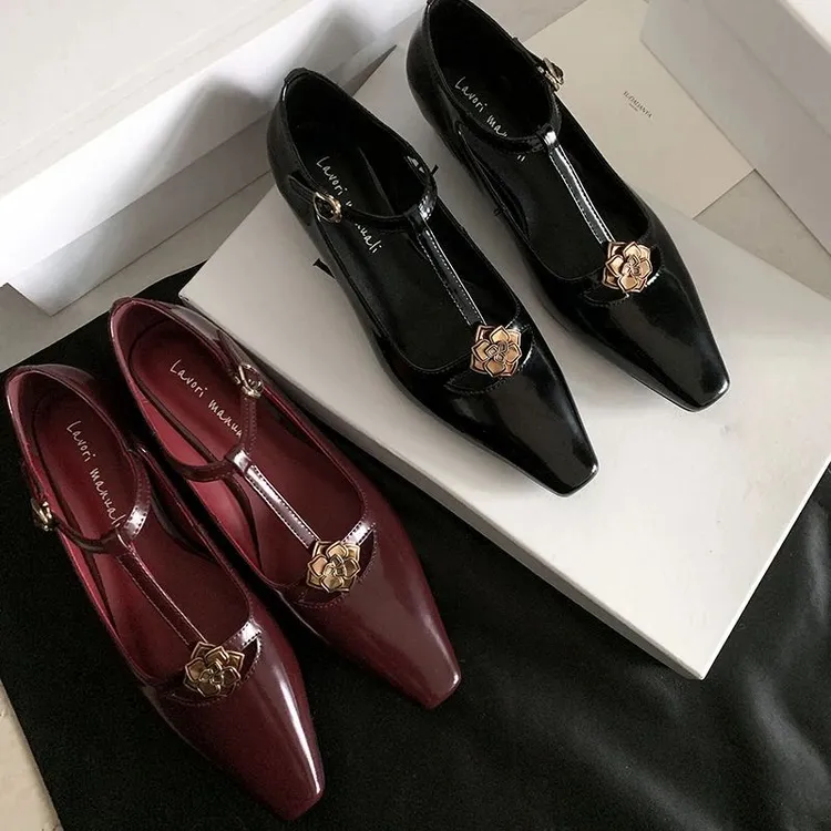 跟高4cm/34-40/单鞋方头百搭水钻女单鞋法式黑色女鞋复古低跟高跟