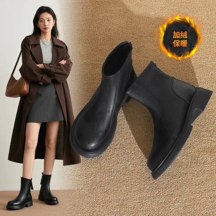 ZHR/则则法式加绒小踝靴女2025冬粗跟弹力圆头瘦瘦靴时尚百搭短靴
