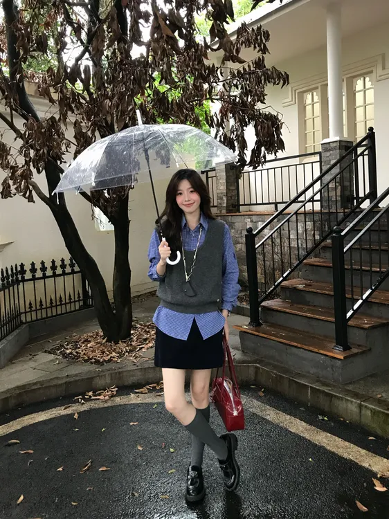 Even一雯【蓝风信屿】韩系高智感早秋简约通勤100棉藏蓝灯芯绒半裙