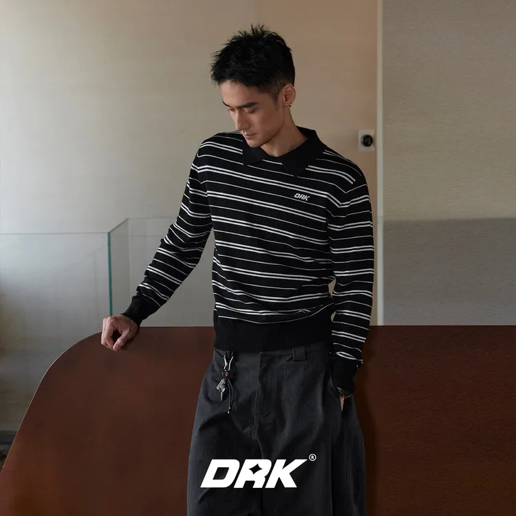 DRK【穆】翻领条纹毛衣秋冬情侣复古老钱风长袖复古内搭上衣针织衫