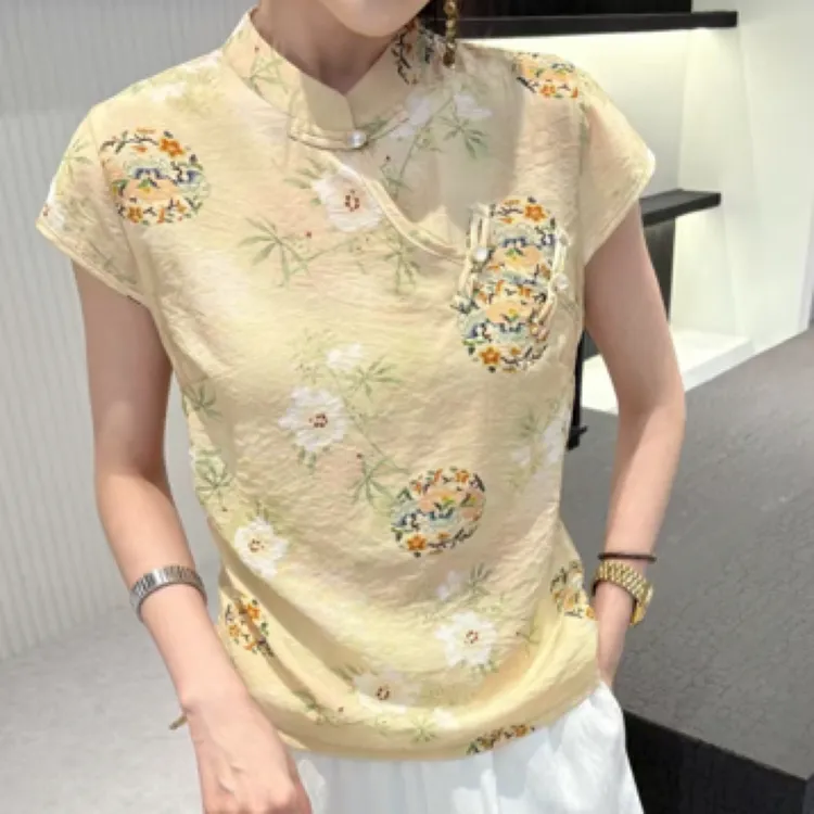 新中式国风盘扣立领短袖衬衫女2025夏季新款复古气质显瘦百搭上衣