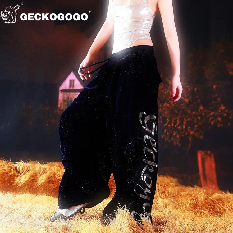 GECKOGOGO美式街头亮片松弛感藏青工装满天星伞兵裤男女同款